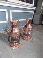 Pair of English Copper and Brass Nautical Anchor Lanterns, Circa 1900
