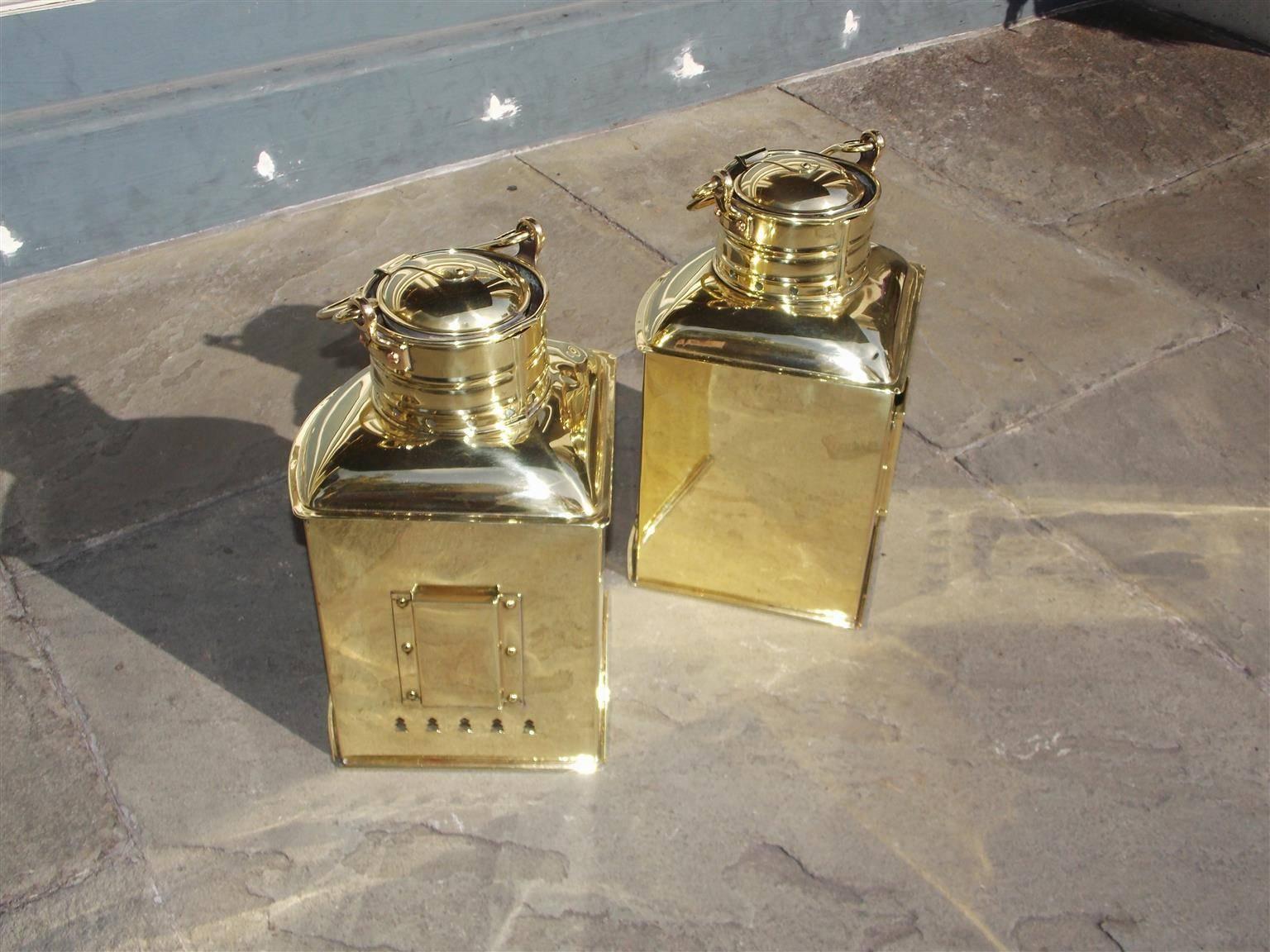 American Empire Pair of Brass Port and Starboard Ship Lanterns with Fresnel Lenses. NY, C. 1900