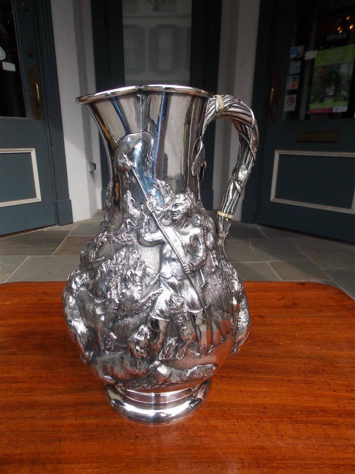 Hammered English Sterling Silver Intricately Embossed Pitcher, Circa 1780