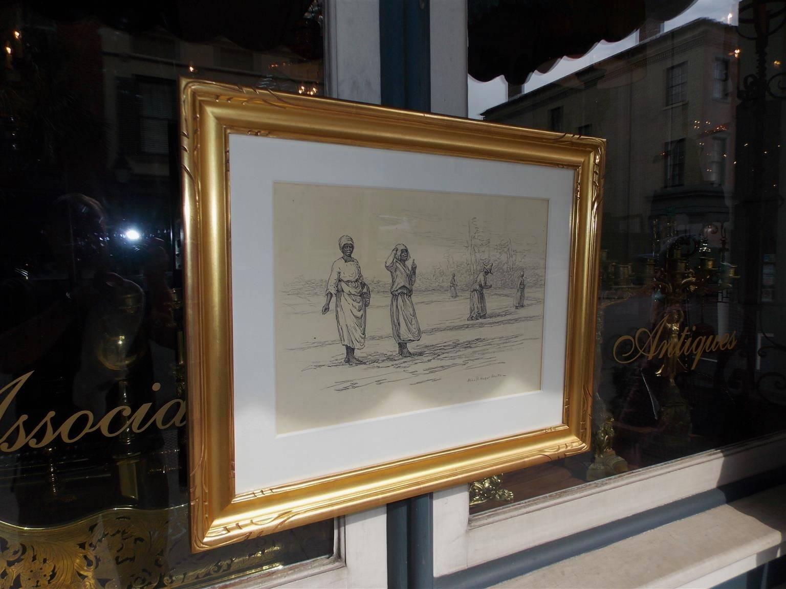 Original Alice Ravenel Huger Smith pencil drawing under glass in a gilt frame from the book 