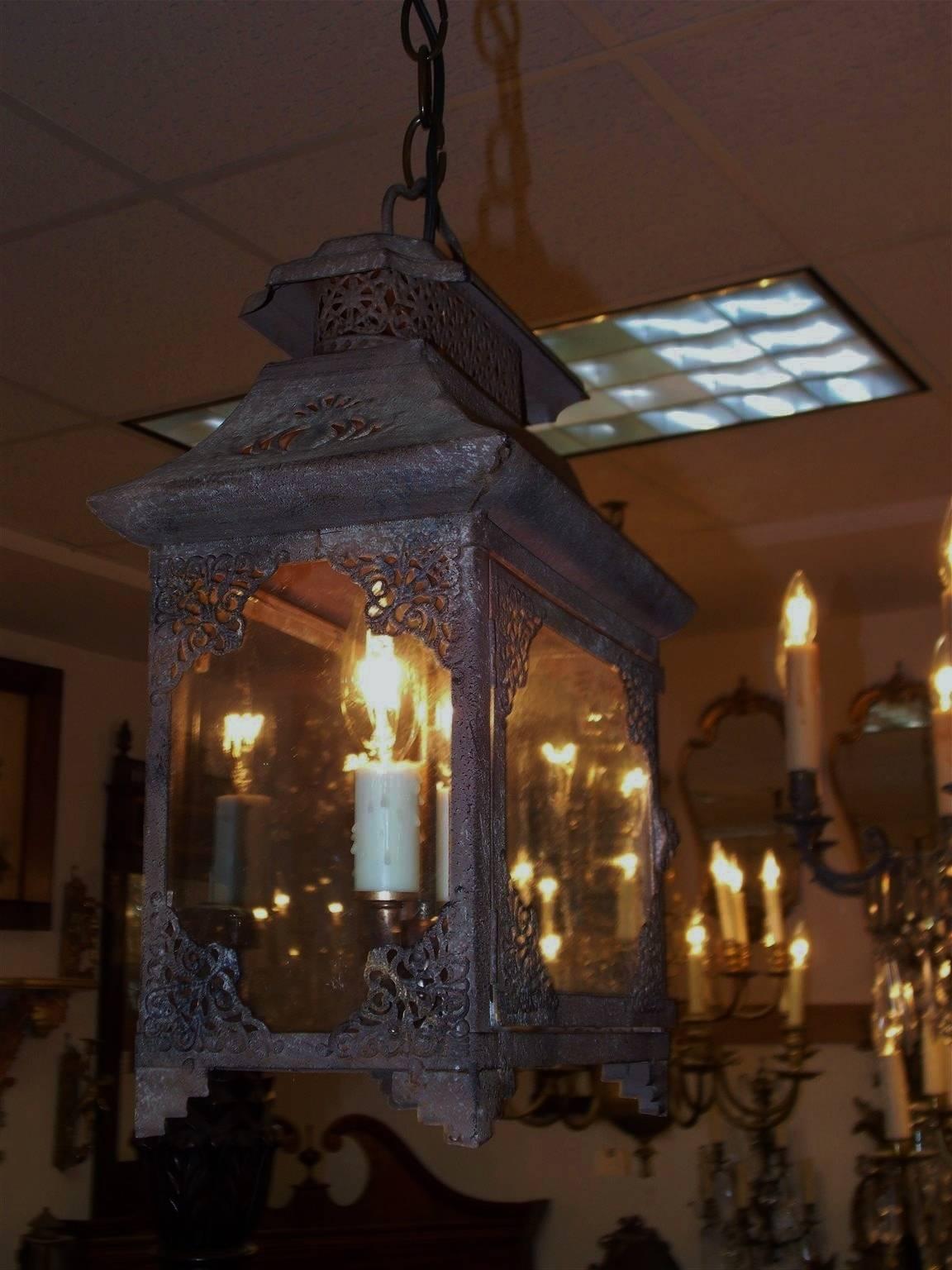 Victorian English Tin Pagoda and Filigree Hanging Glass Lantern, Circa 1870