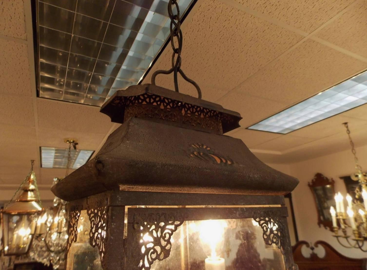 Cast English Tin Pagoda and Filigree Hanging Glass Lantern, Circa 1870