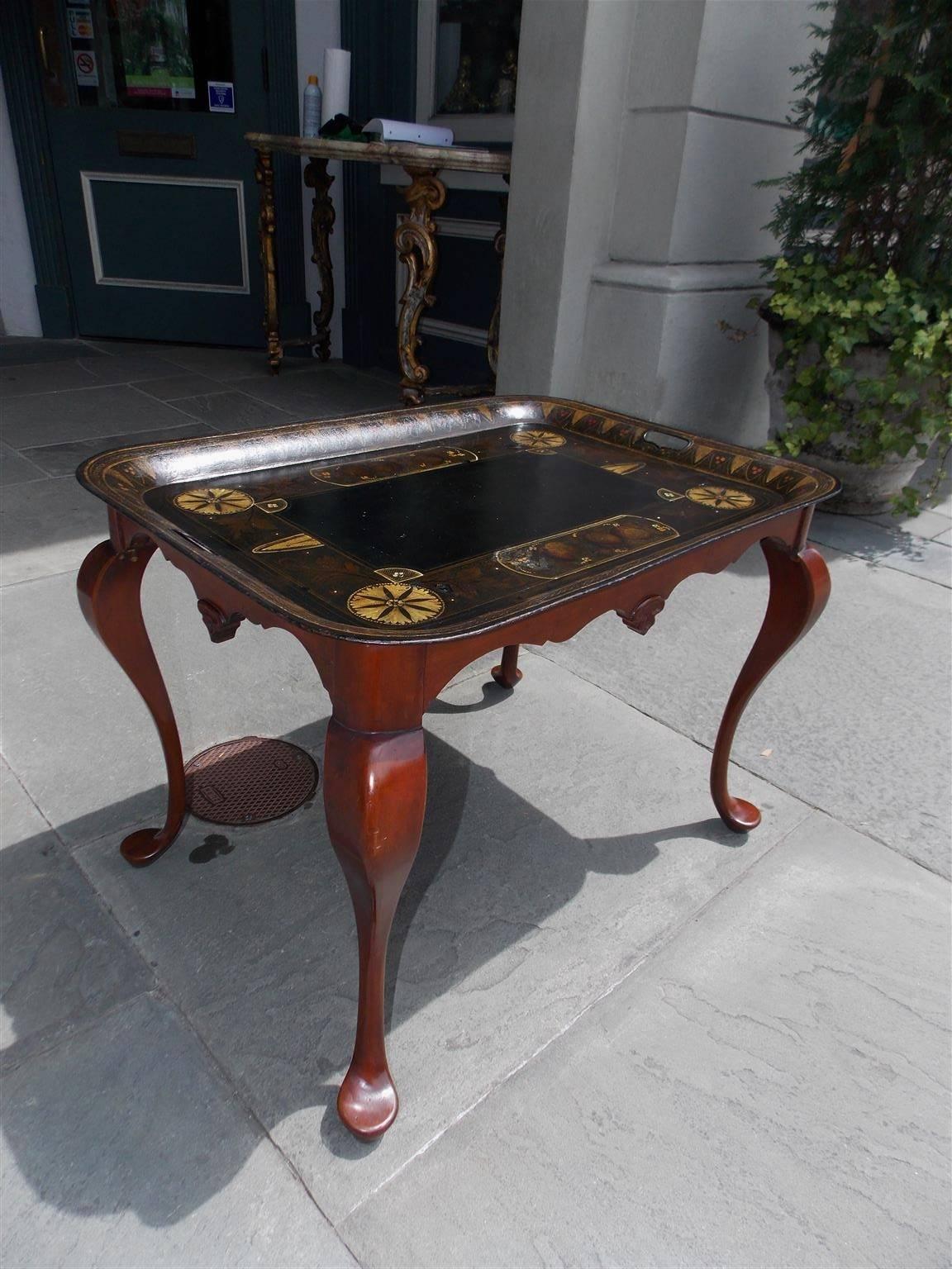 Hand-Carved American Tole and Mahogany Tray on Stand, Circa 1830 For Sale