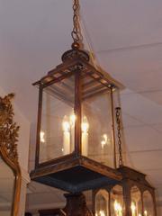 English Faux Painted Tin Hanging Glass Lantern, 20th Century
