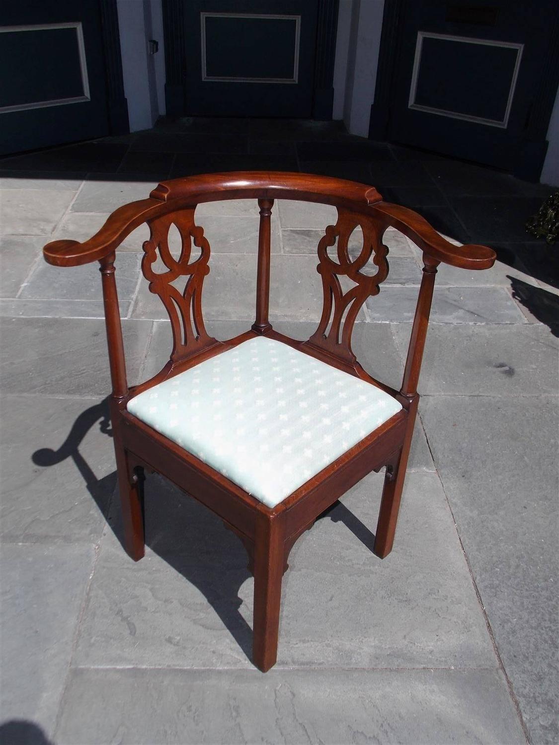 American Georgian Walnut Upholstered Corner Chair, Circa 1770 For Sale