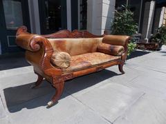 Caribbean Regency Mahogany Carved Foliage Leather Sofa on Brass Casters, C. 1810