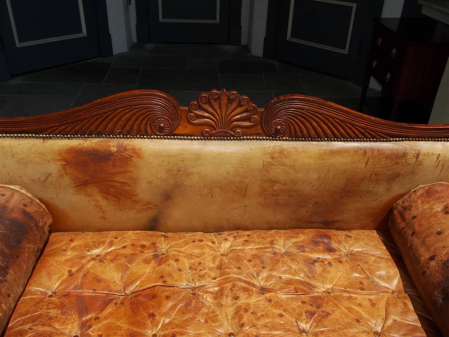 Early 19th Century Caribbean Regency Mahogany Carved Foliage Leather Sofa on Brass Casters, C. 1810 For Sale