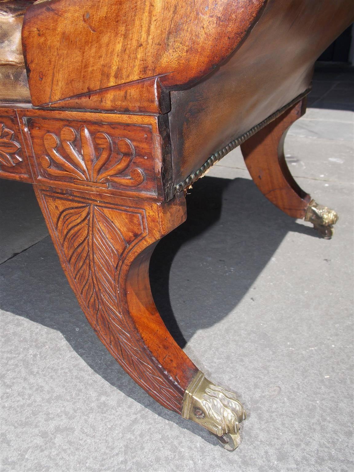 Caribbean Regency Mahogany Carved Foliage Leather Sofa on Brass Casters, C. 1810 In Excellent Condition For Sale In Hollywood, SC