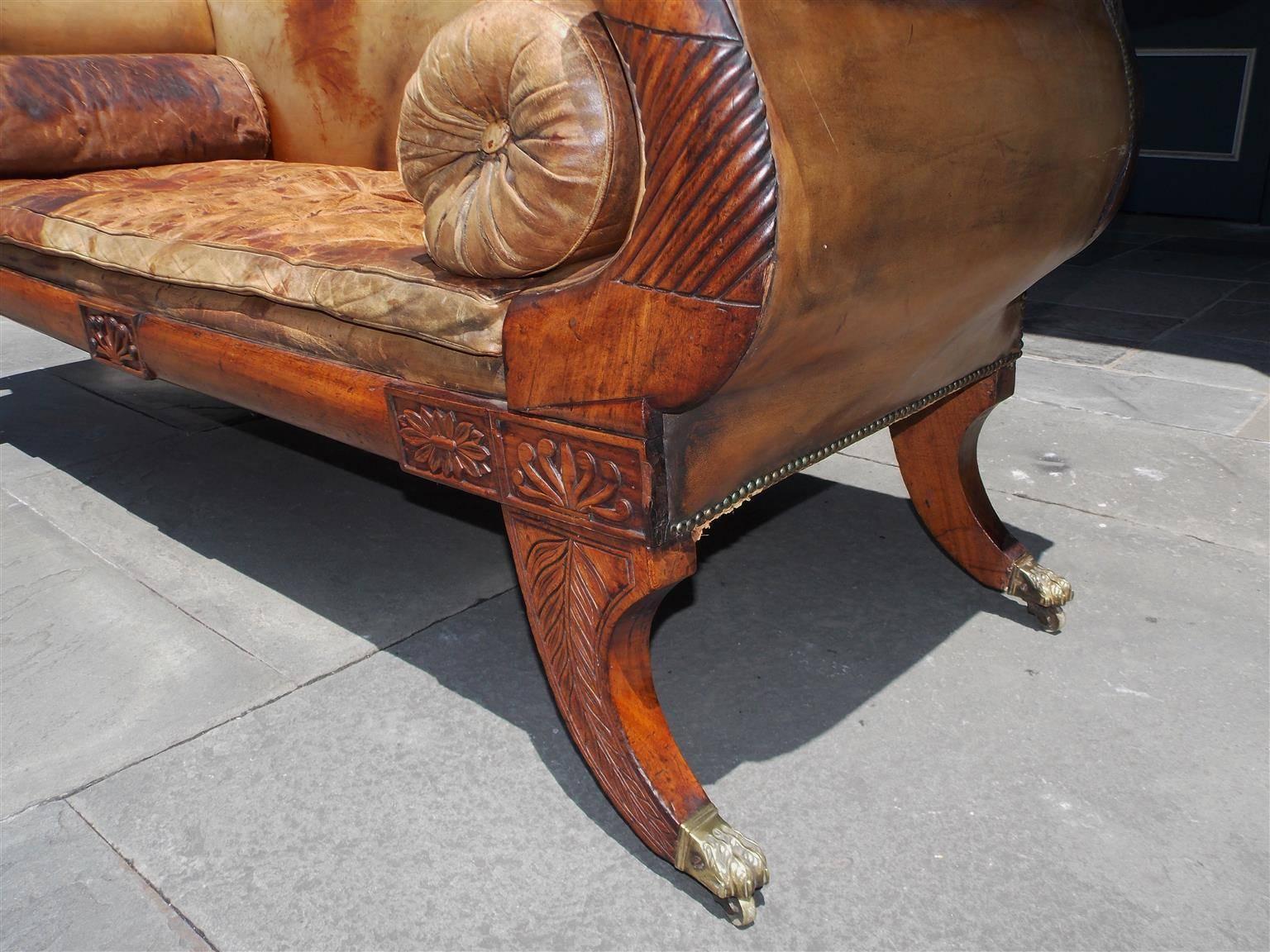 Hand-Carved Caribbean Regency Mahogany Carved Foliage Leather Sofa on Brass Casters, C. 1810 For Sale