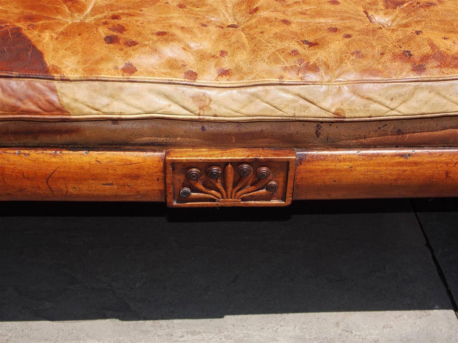 Caribbean Regency Mahogany Carved Foliage Leather Sofa on Brass Casters, C. 1810 For Sale 1