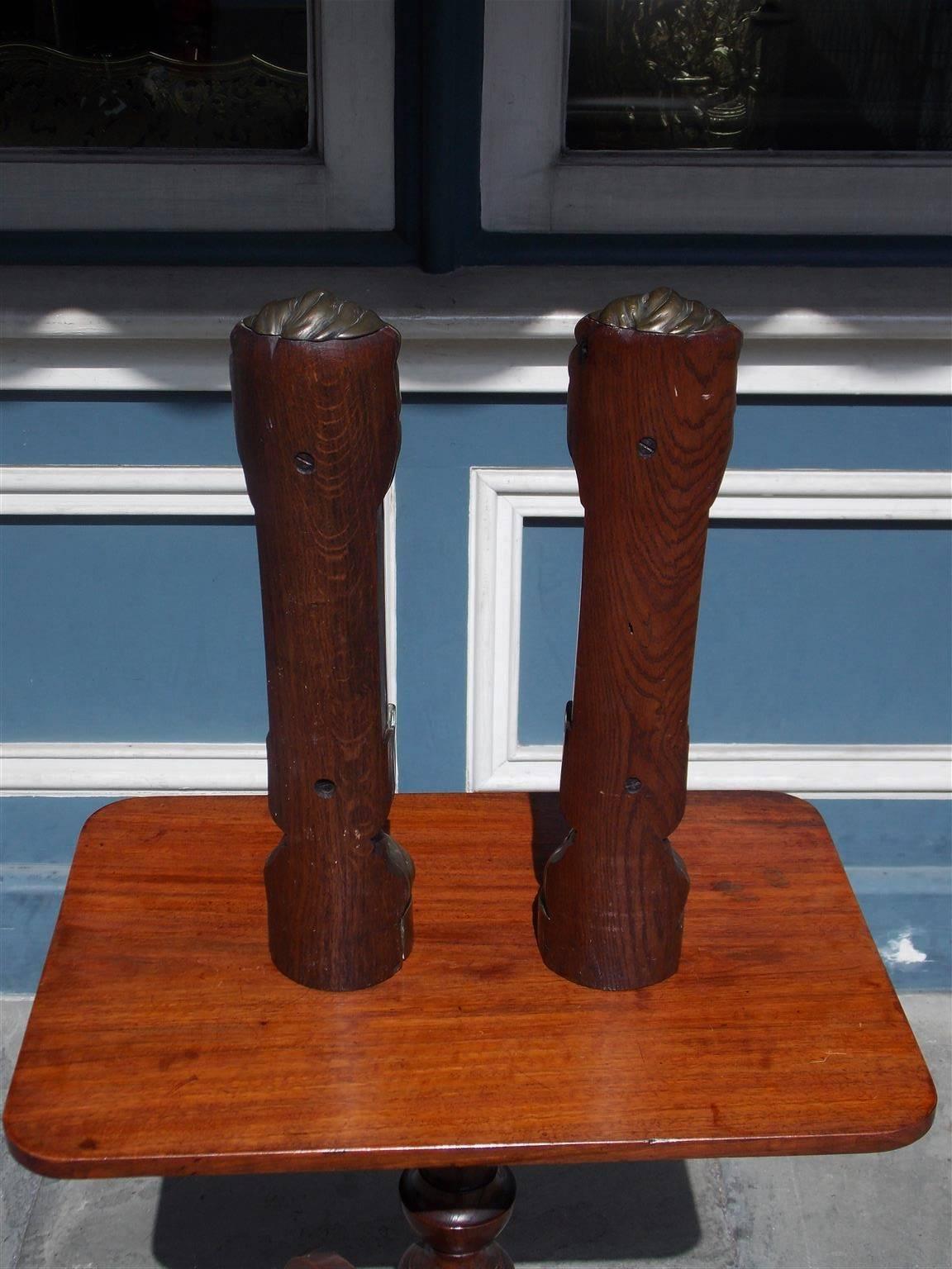 Cast Pair of English Brass & Oak Lion Door Stops, Circa 1780