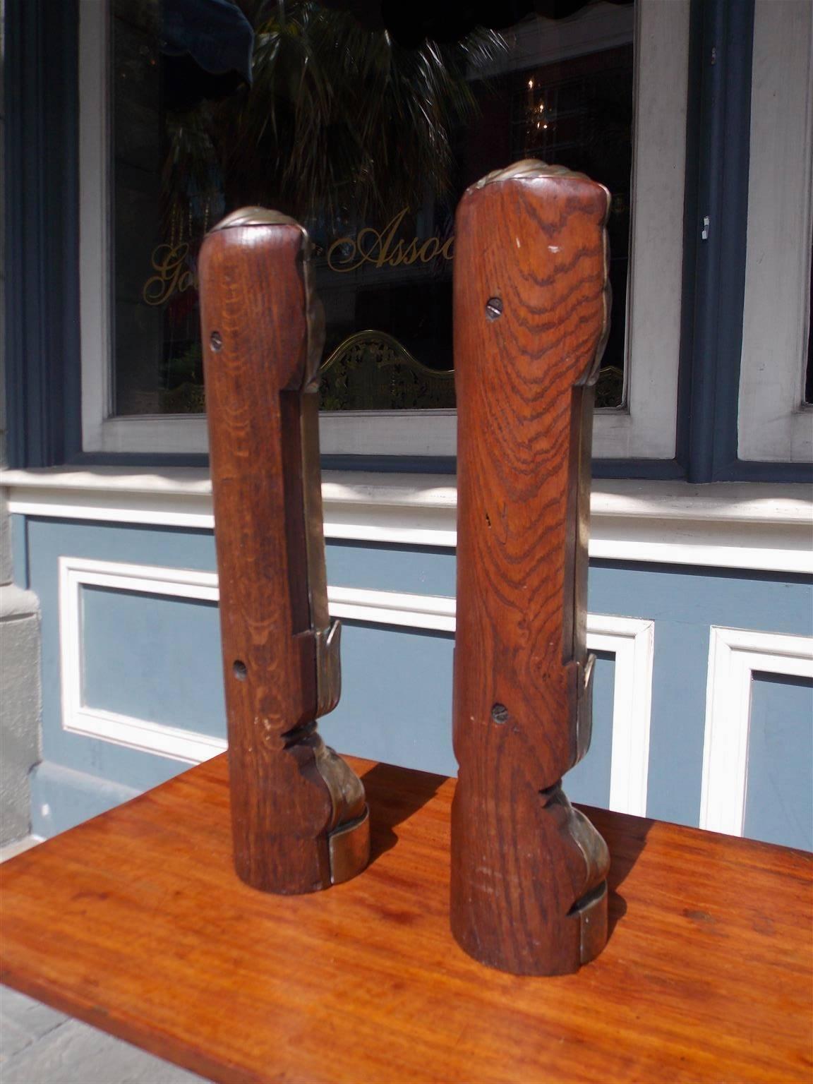 Pair of English Brass & Oak Lion Door Stops, Circa 1780 In Excellent Condition In Charleston, SC