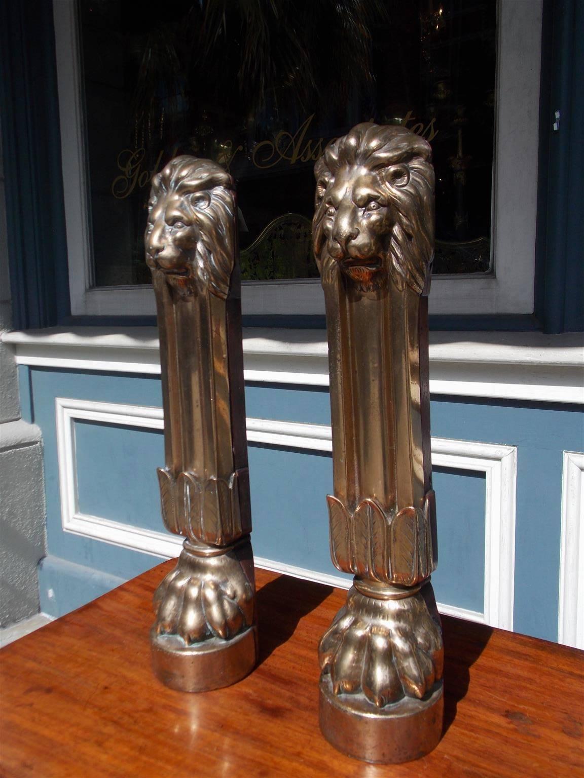 George III Pair of English Brass & Oak Lion Door Stops, Circa 1780
