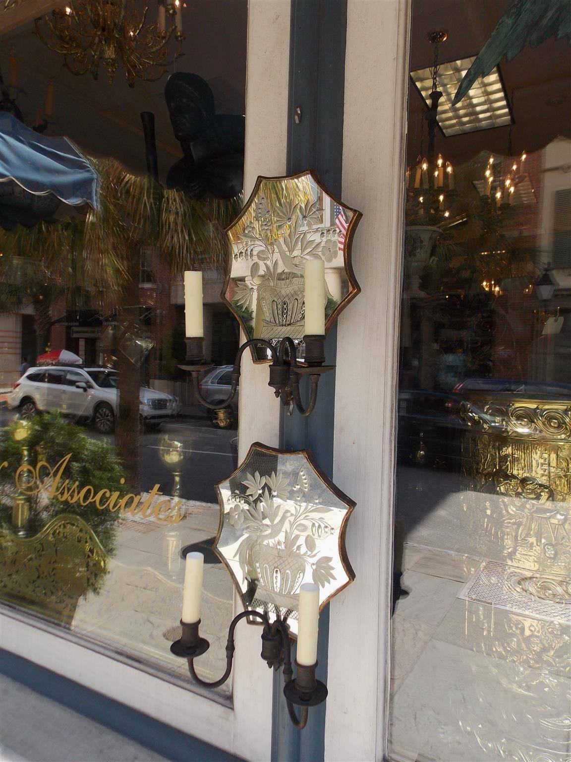 Neoclassical Pair of Venetian Bronze & Decorative Etched Mirrored Wall Sconces, C. 1800 For Sale