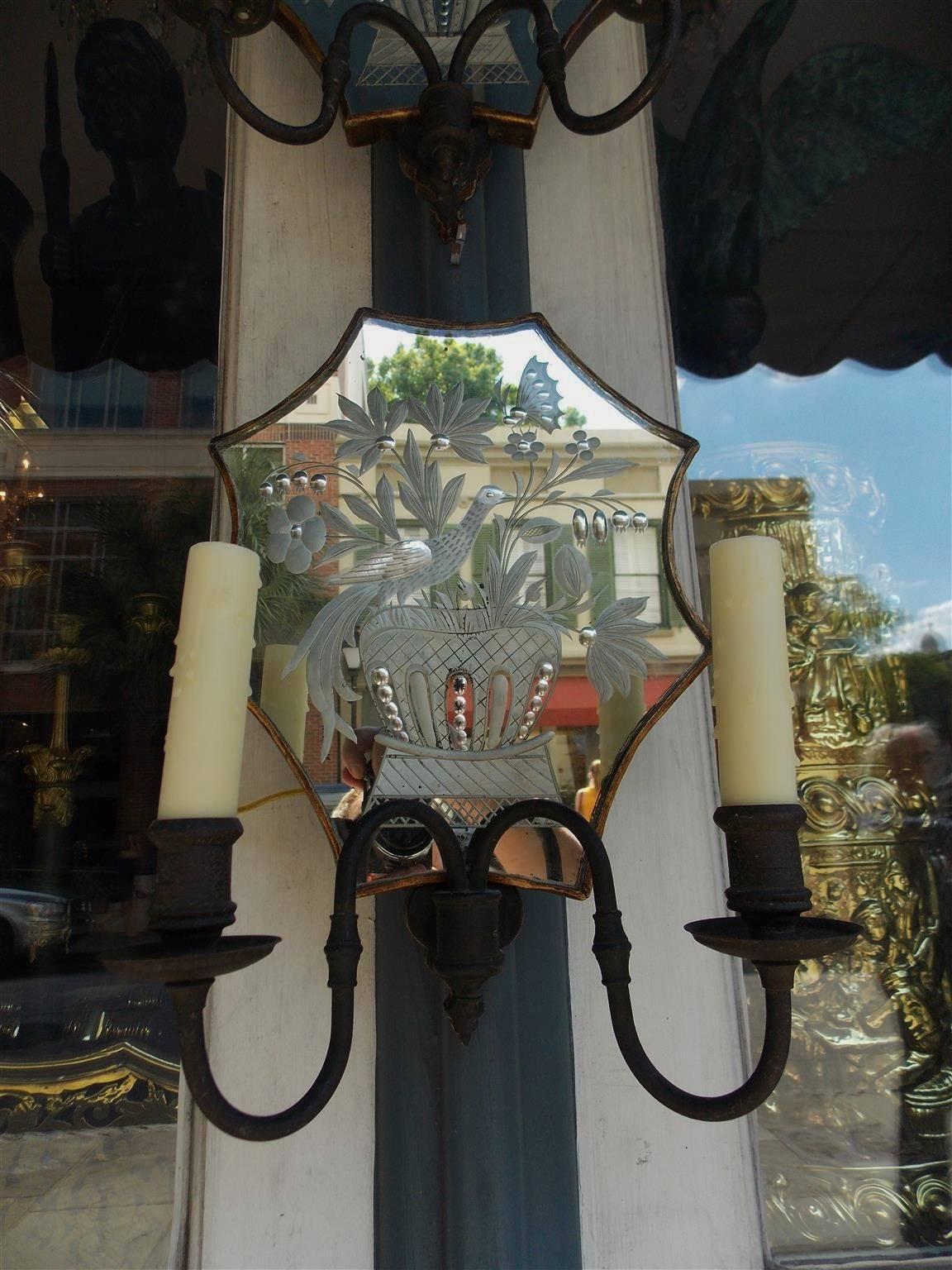 Pair of Venetian Bronze & Decorative Etched Mirrored Wall Sconces, C. 1800 In Excellent Condition For Sale In Hollywood, SC