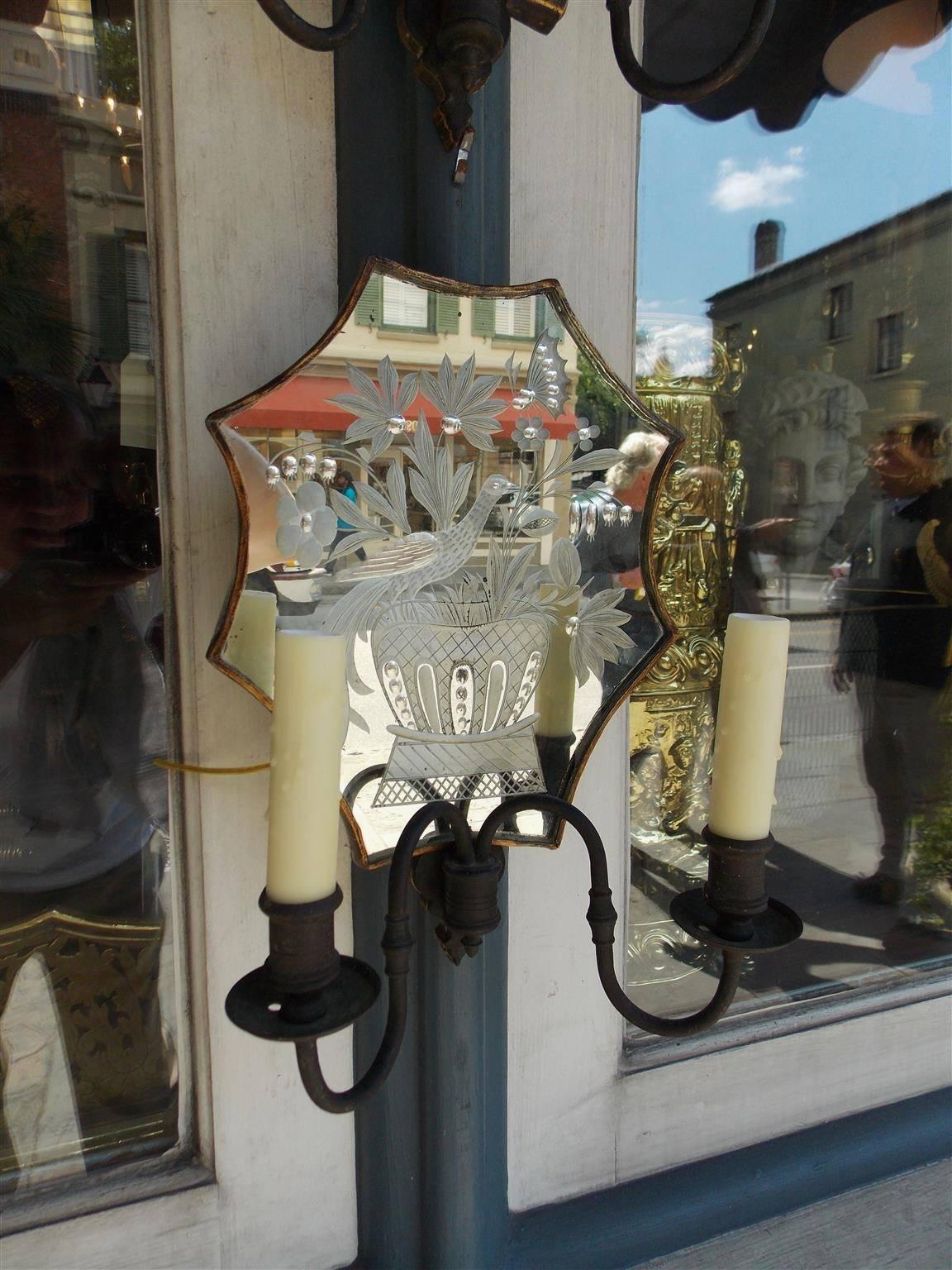 Early 19th Century Pair of Venetian Bronze & Decorative Etched Mirrored Wall Sconces, C. 1800 For Sale