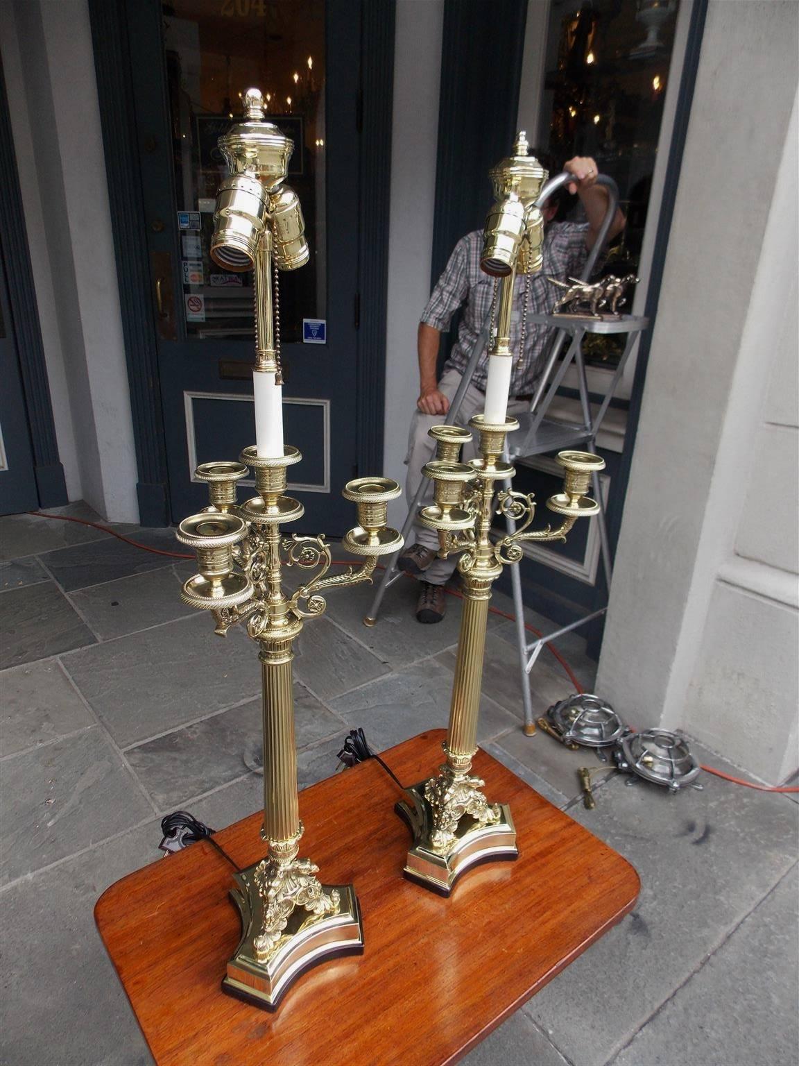 Louis Philippe Pair of French Brass Candelabra Lamps with Eagle Acanthus Motif, Circa 1820 For Sale