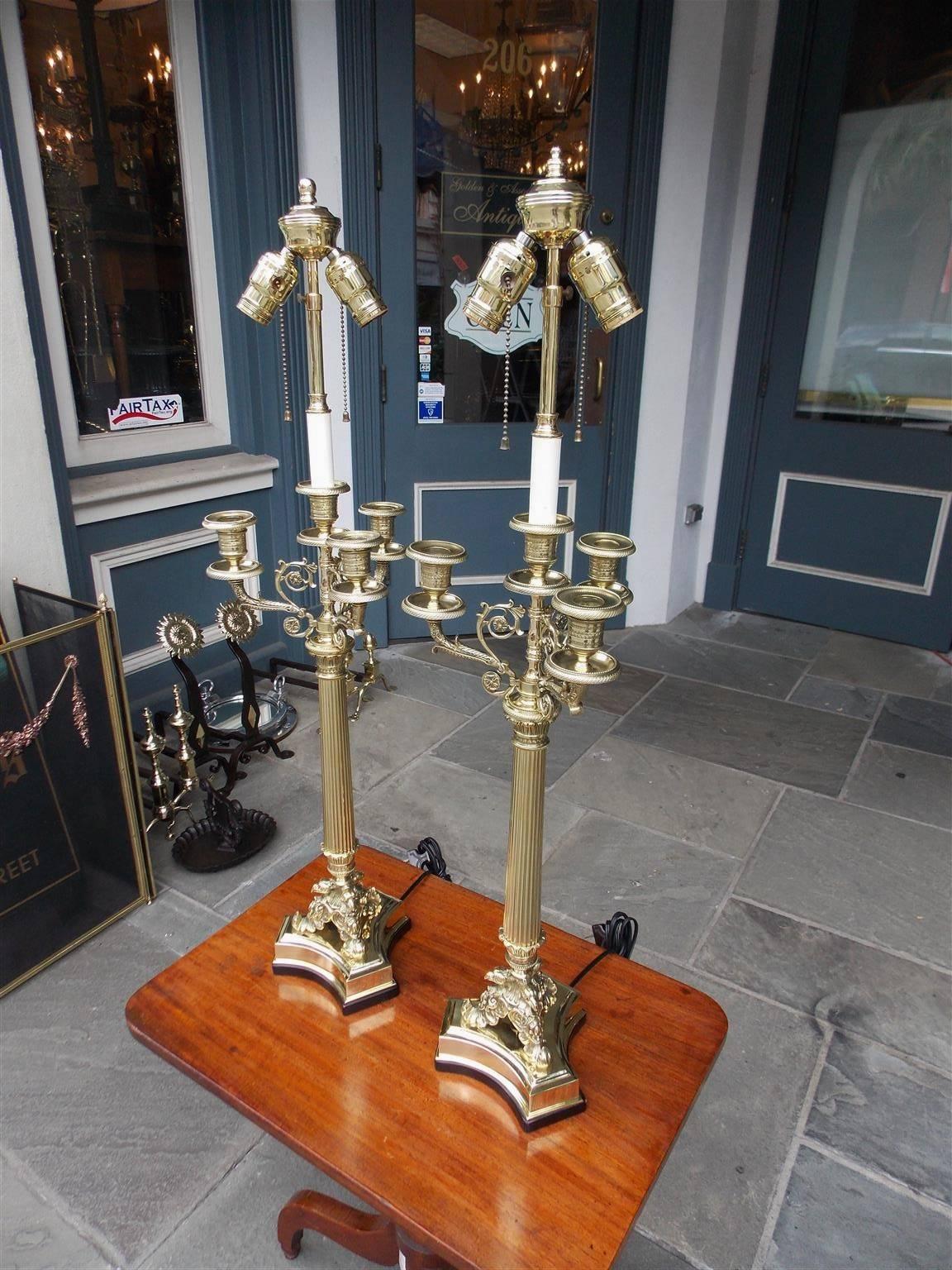 Hand-Painted Pair of French Brass Candelabra Lamps with Eagle Acanthus Motif, Circa 1820 For Sale