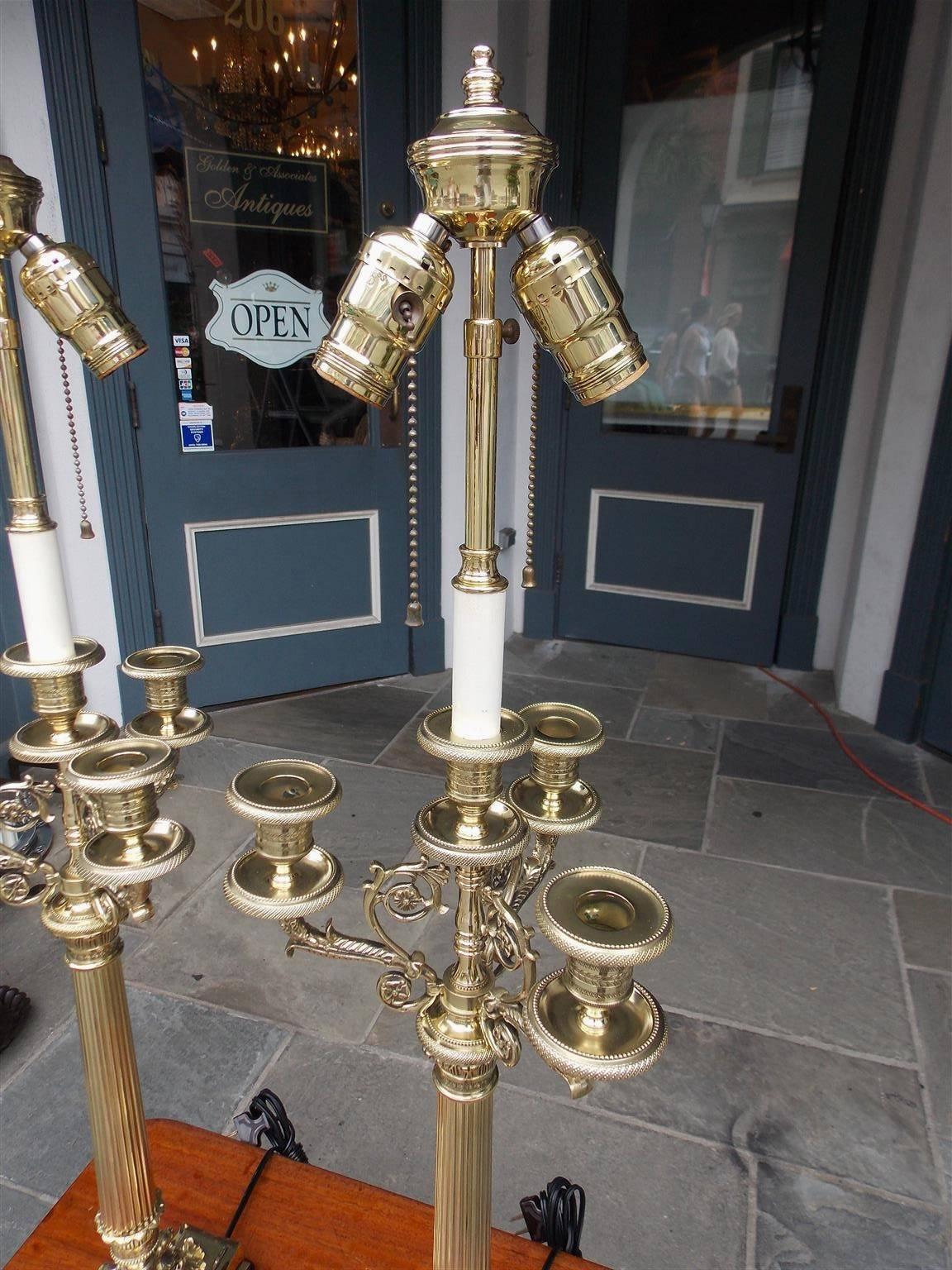 Pair of French Brass Candelabra Lamps with Eagle Acanthus Motif, Circa 1820 For Sale 1