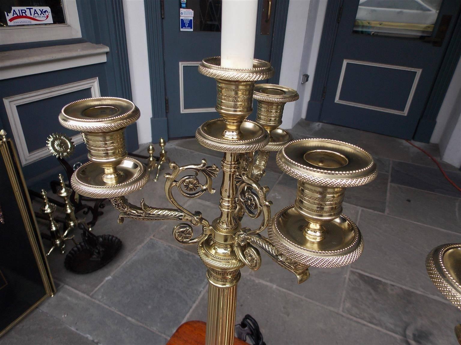 Early 19th Century Pair of French Brass Candelabra Lamps with Eagle Acanthus Motif, Circa 1820 For Sale
