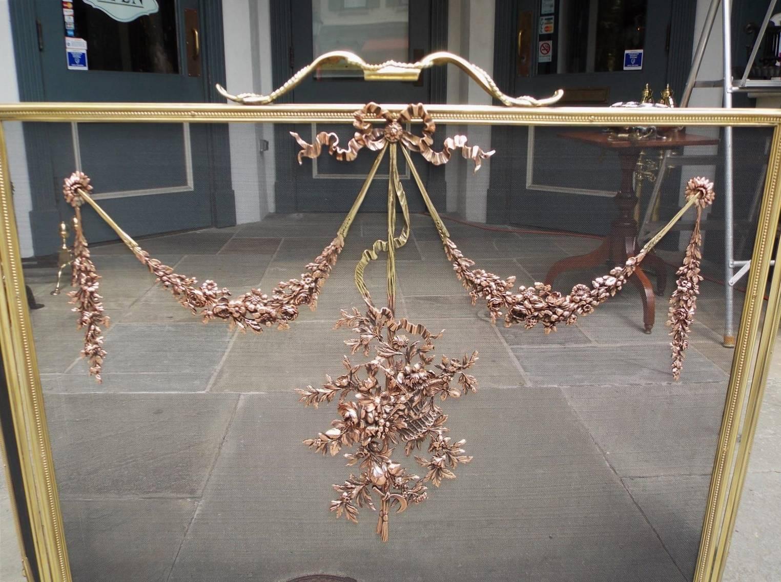 French Brass & Copper Decorative Ribbon Floral Swag Fire Screen,  Circa 1850 In Excellent Condition In Hollywood, SC