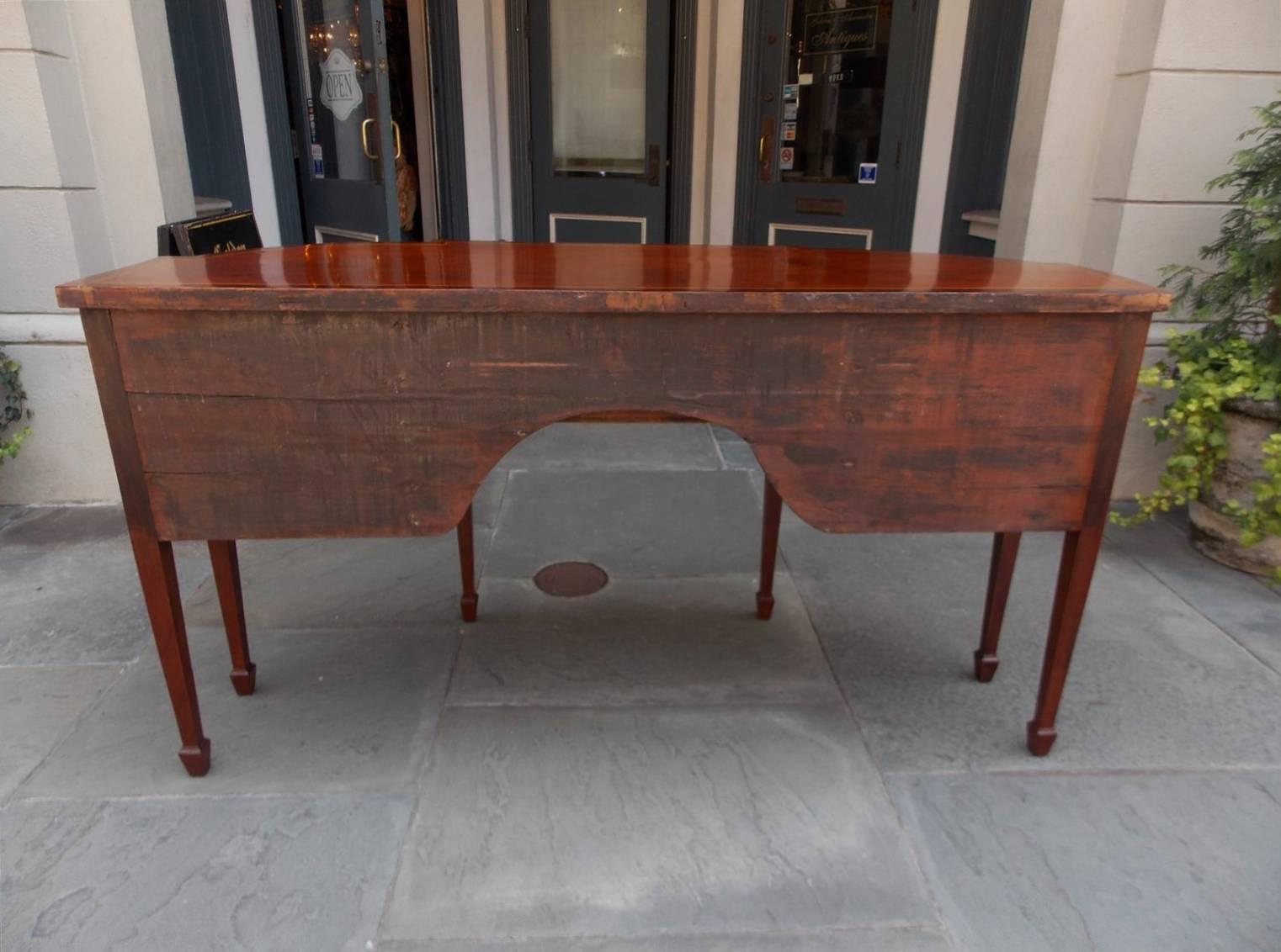 Brass English Hepplewhite Bow Front Mahogany Satinwood Inlaid Sideboard, Circa 1780 For Sale