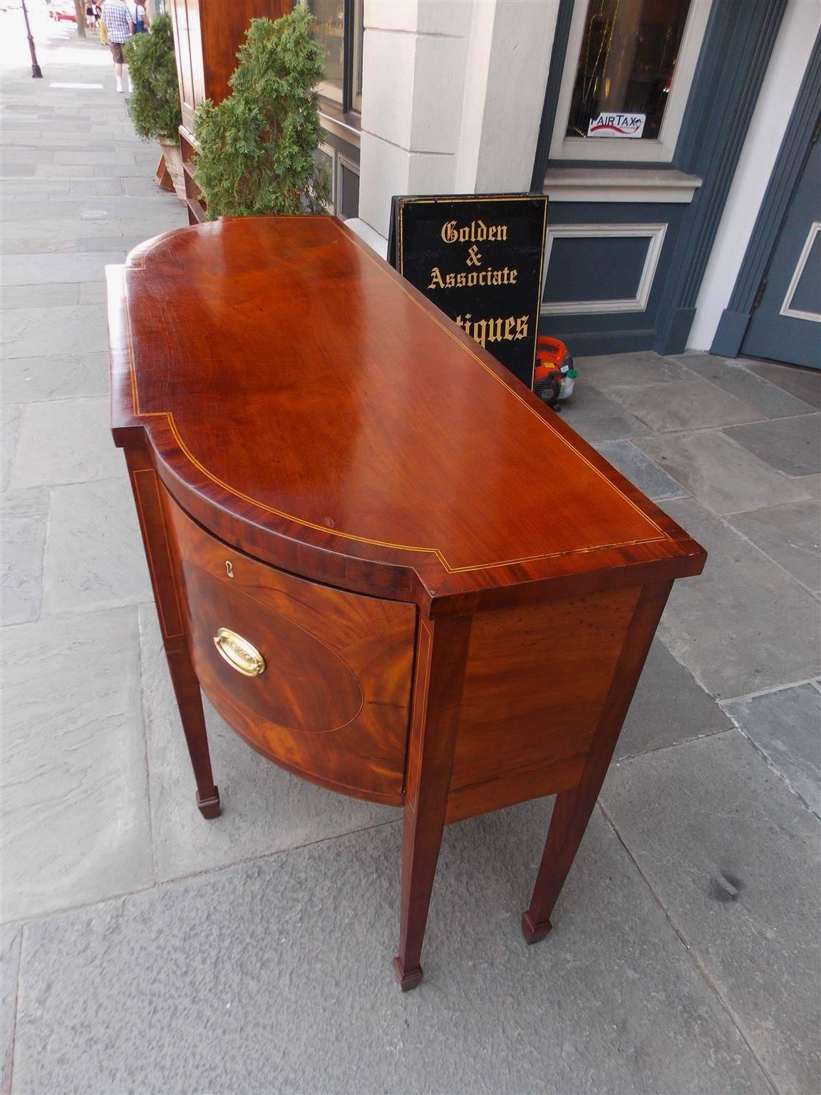 Late 18th Century English Hepplewhite Bow Front Mahogany Satinwood Inlaid Sideboard, Circa 1780 For Sale