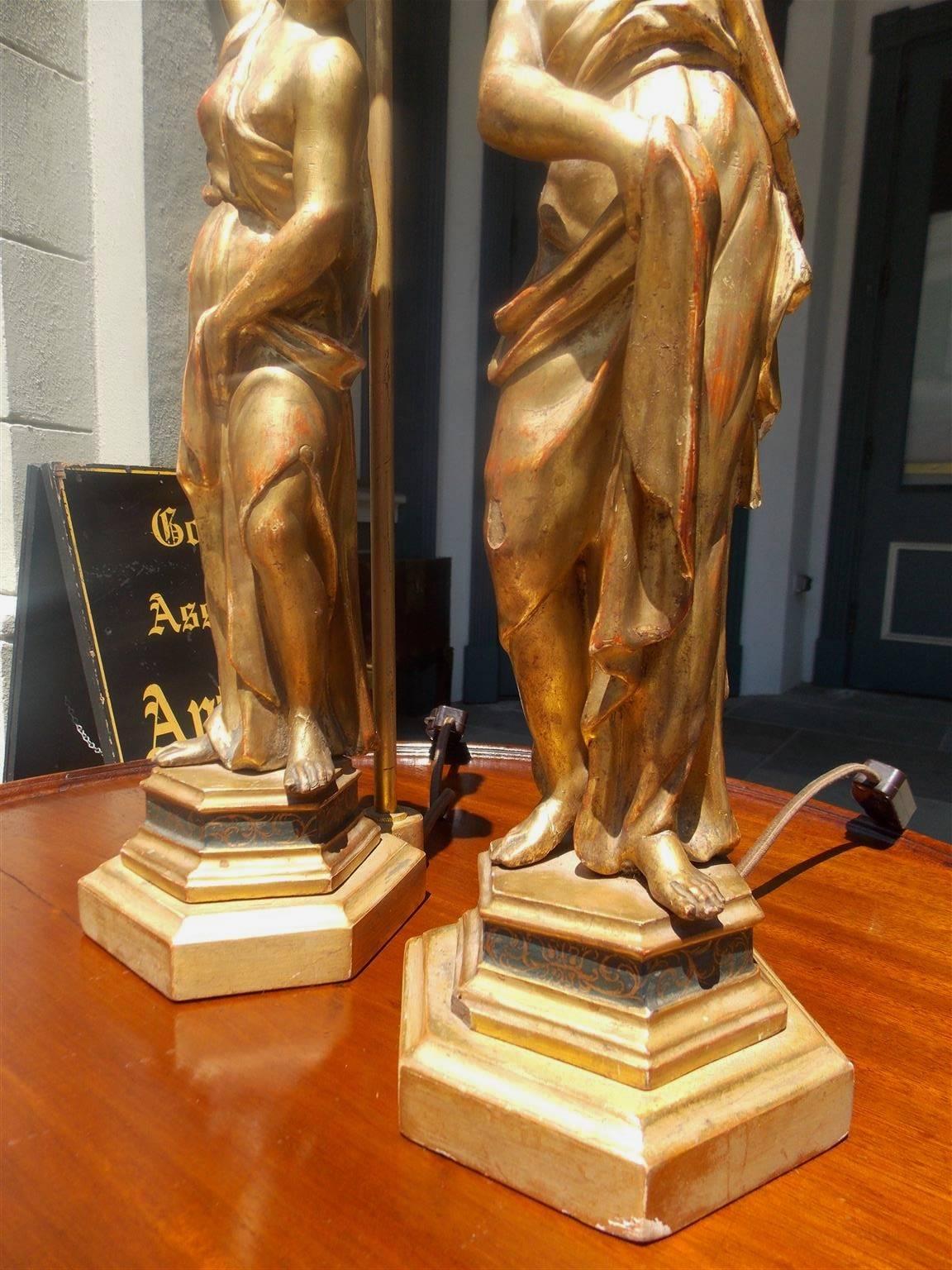 Late 18th Century Pair of English Gilt Carved Wood Figural Statues Converted to Lamps, Circa 1780 For Sale