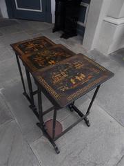 Set of Three English Japanned & Stenciled Figural Nest of Tables, Circa 1880