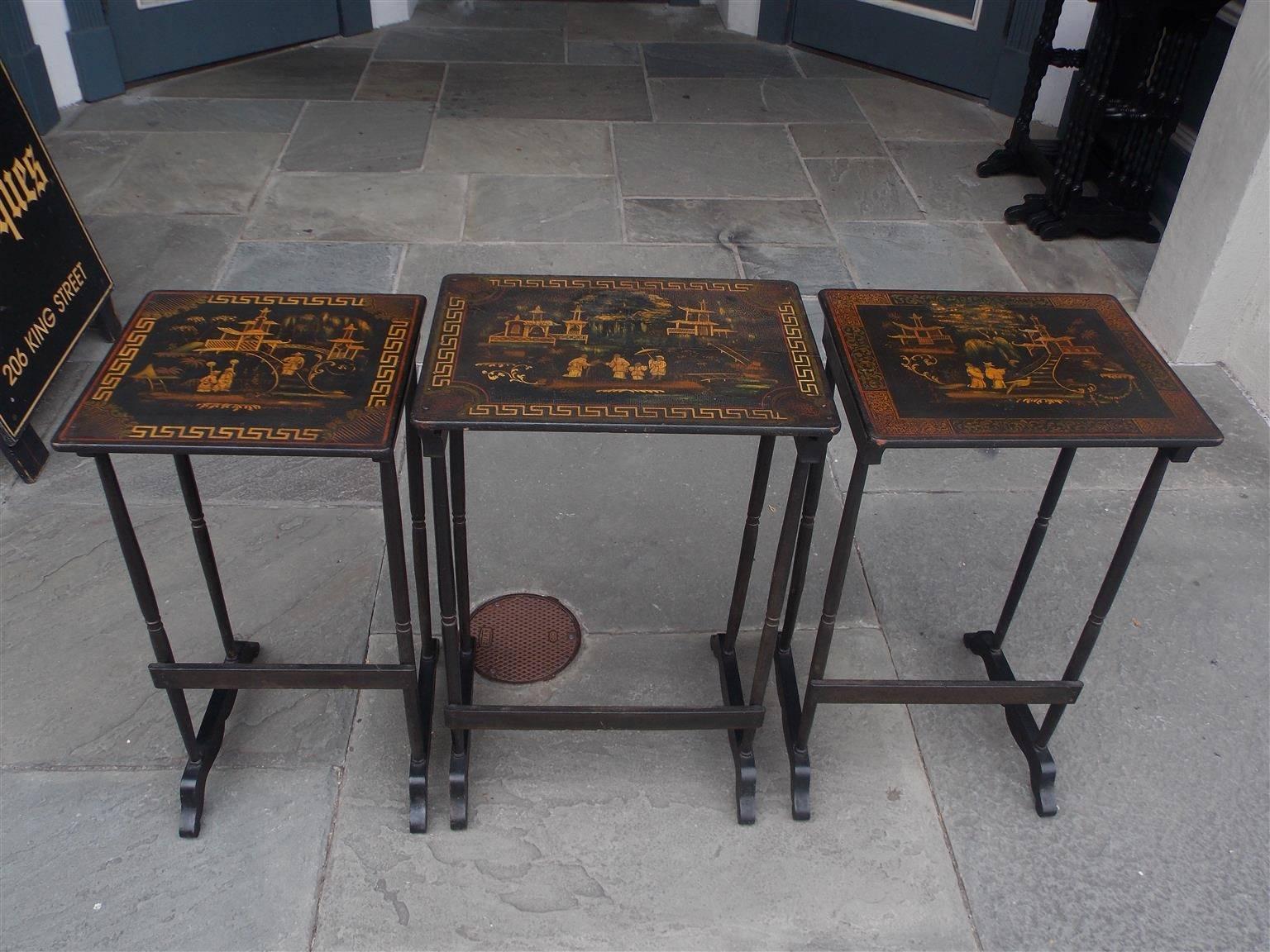 Set of Three English Japanned & Stenciled Figural Nest of Tables, Circa 1880 In Excellent Condition In Hollywood, SC