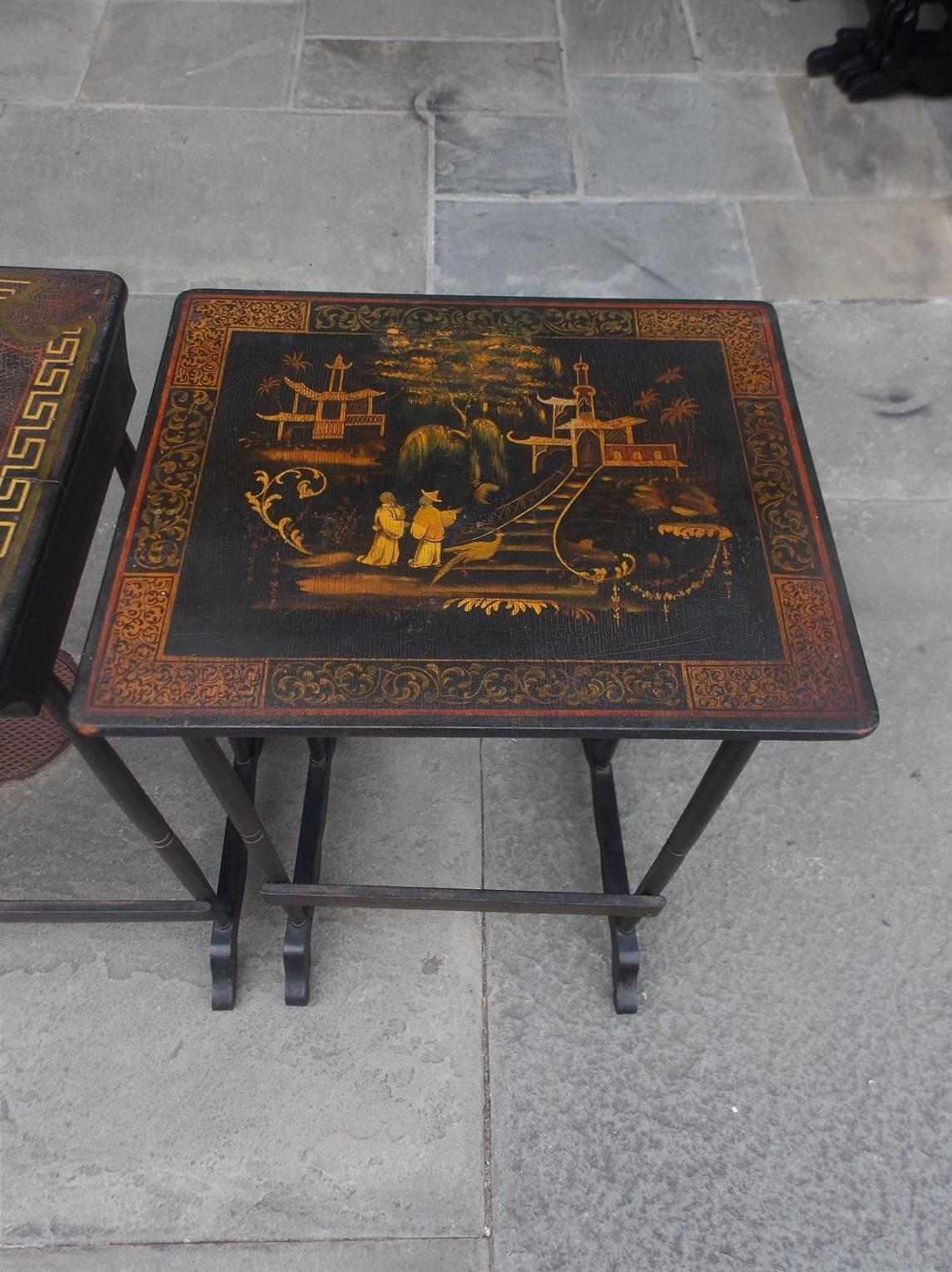 Late 19th Century Set of Three English Japanned & Stenciled Figural Nest of Tables, Circa 1880