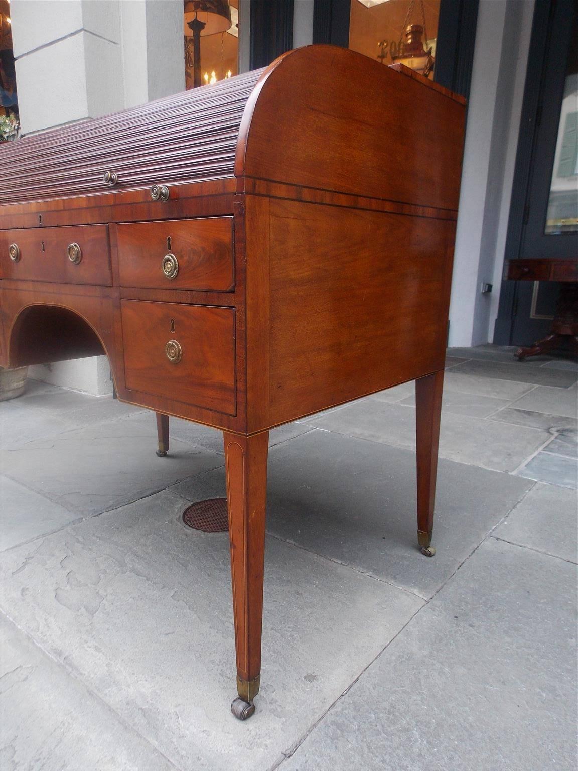 Late 18th Century English Mahogany Tambour Satinwood Inlaid Writing Desk, Circa 1780 For Sale