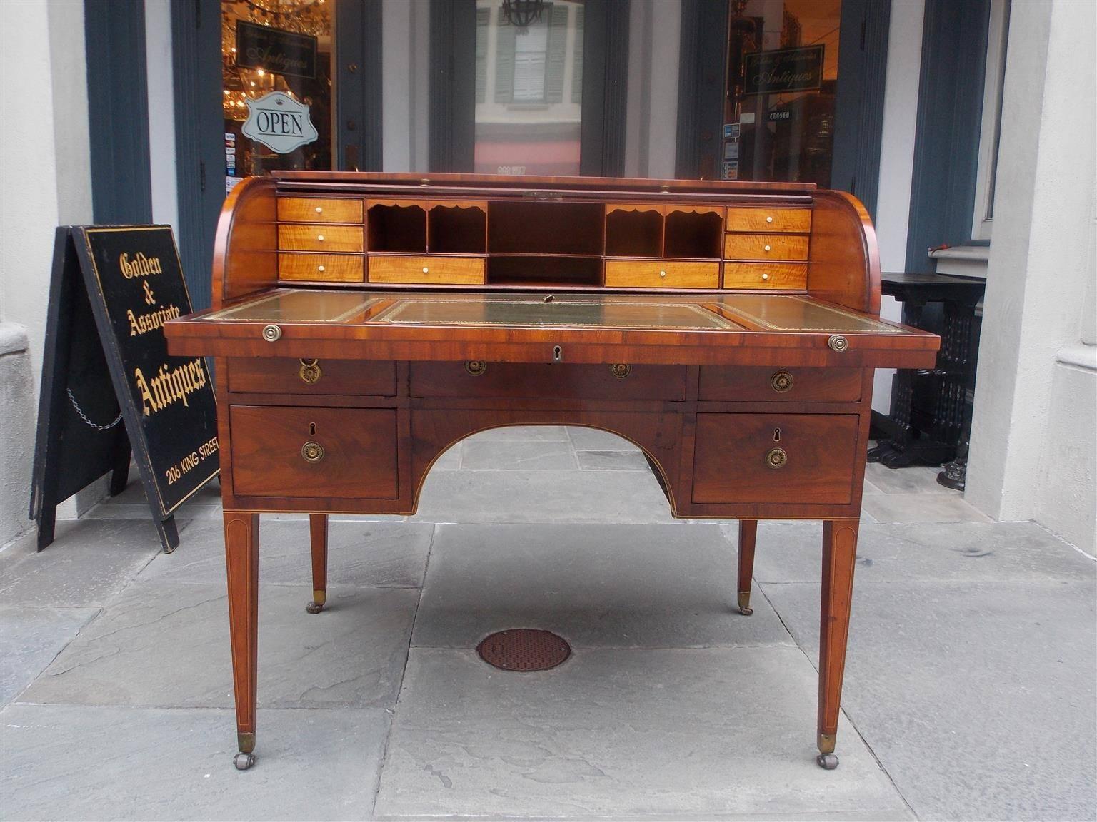 George III English Mahogany Tambour Satinwood Inlaid Writing Desk, Circa 1780 For Sale