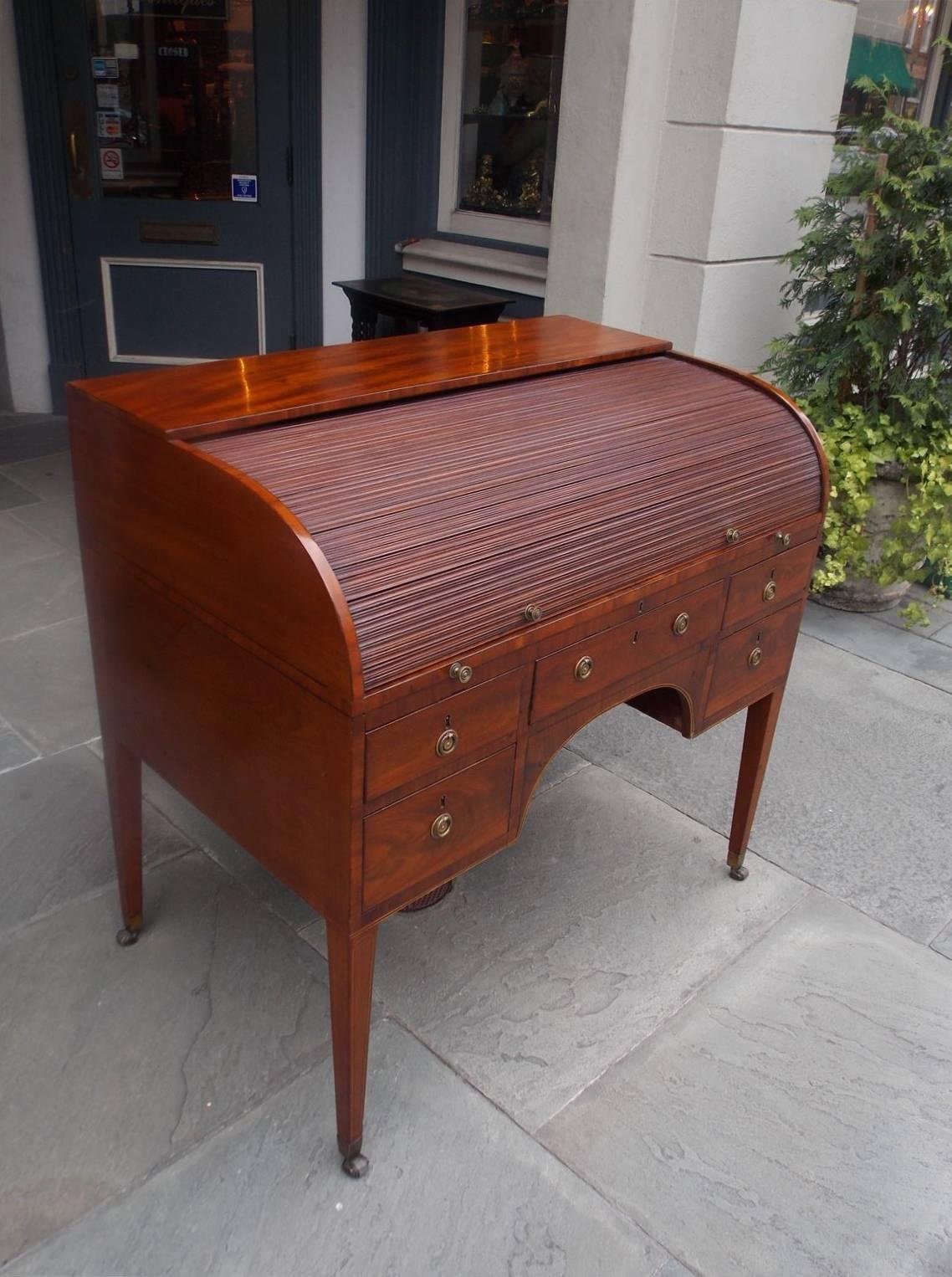 Hand-Carved English Mahogany Tambour Satinwood Inlaid Writing Desk, Circa 1780 For Sale