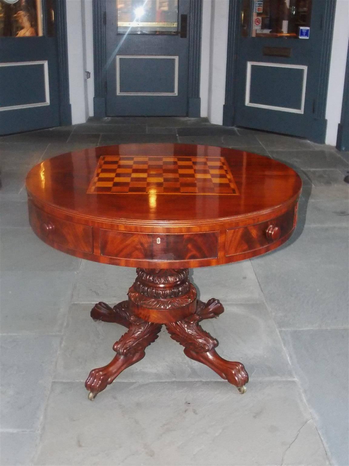 Cast American Mahogany Inlaid Circular Game Table, Philadelphia, Circa 1810