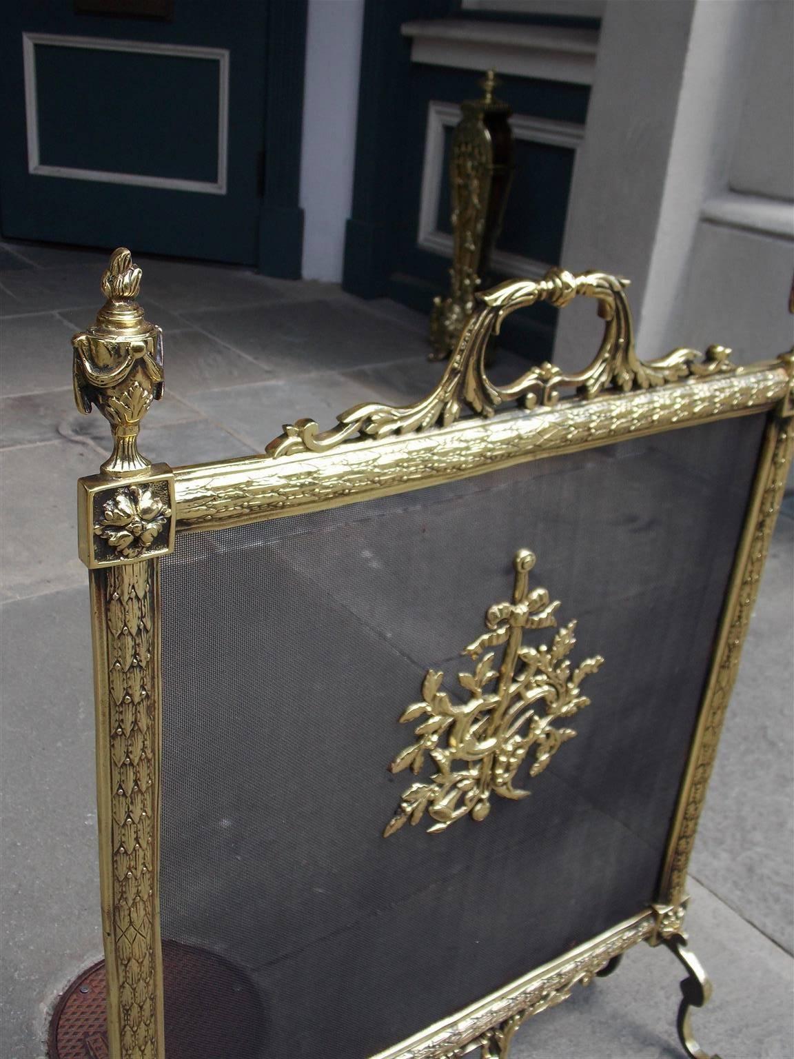 Louis Philippe French Brass Lyre & Floral Acanthus Free Standing Fire Screen, Circa 1830