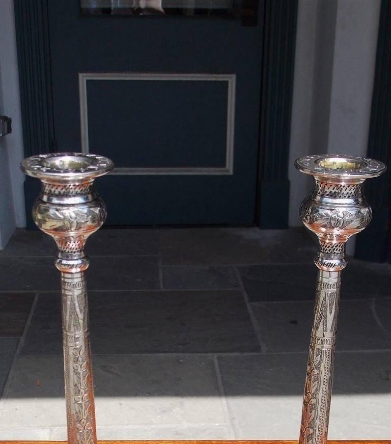 Cast Pair of English Hand Chased Floral Beaded Candlesticks, Circa 1790 For Sale