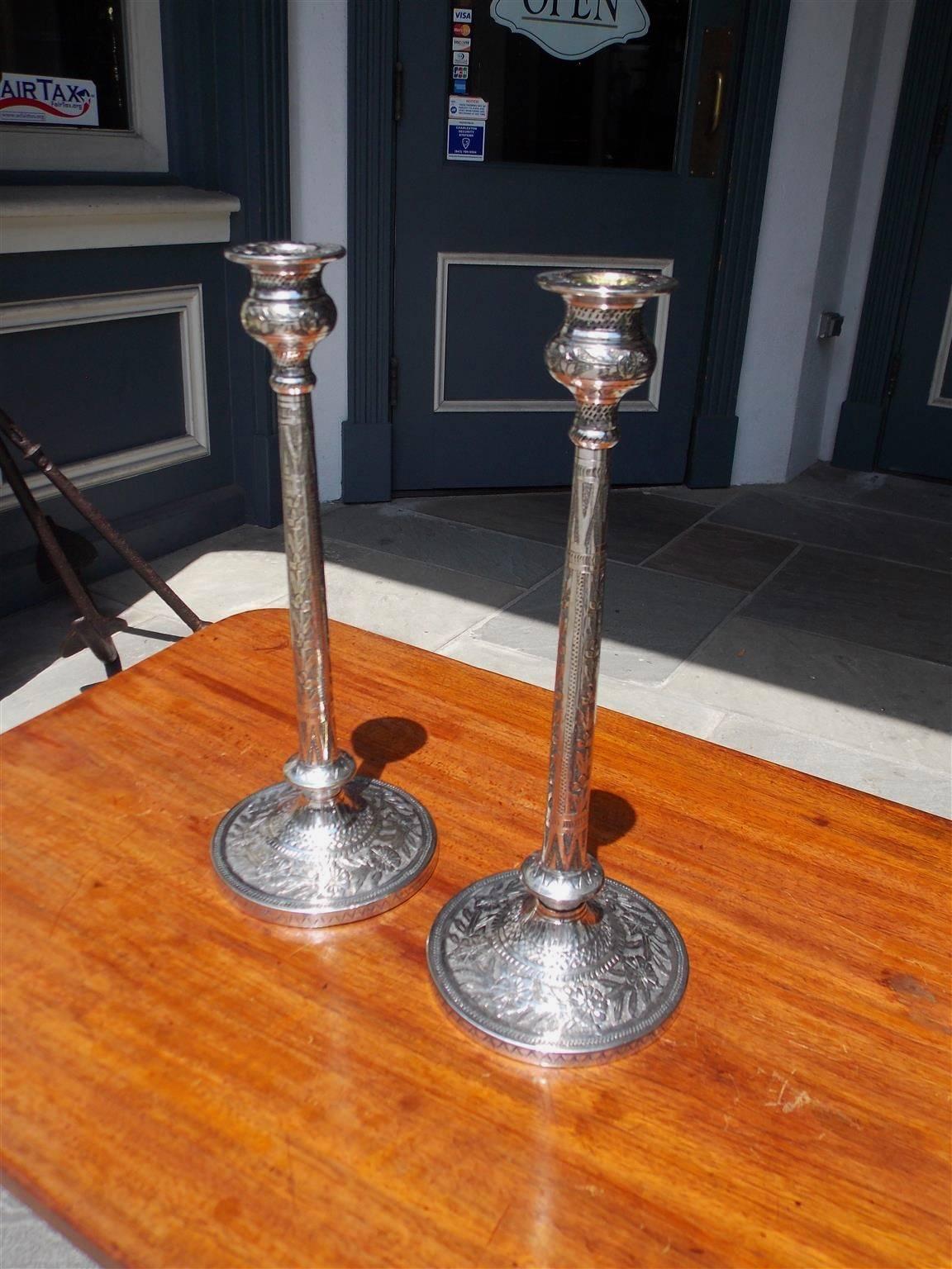 George III Pair of English Hand Chased Floral Beaded Candlesticks, Circa 1790 For Sale