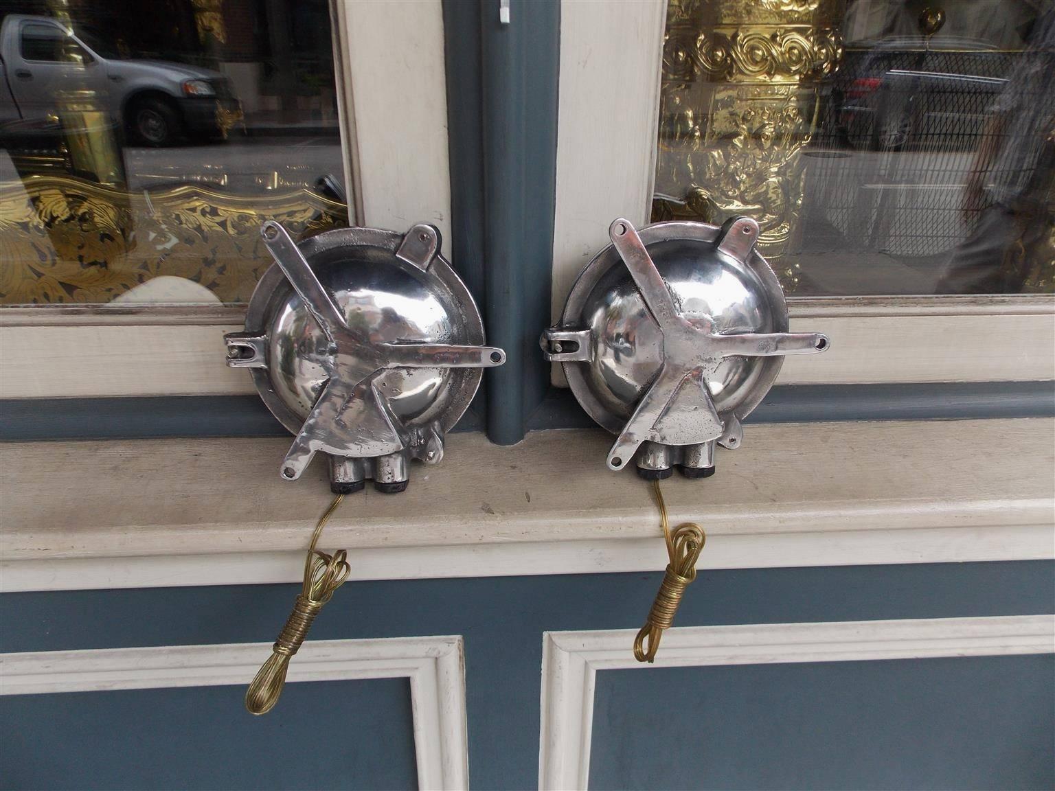 Hand-Crafted Pair of American Polished Aluminum Bulls Eye Nautical Wall Lights, 20th Century For Sale