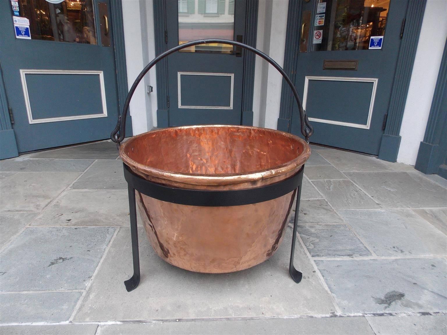 Hand-Crafted American Copper and Wrought Iron Apple Butter Pot on Stand, Circa 1780