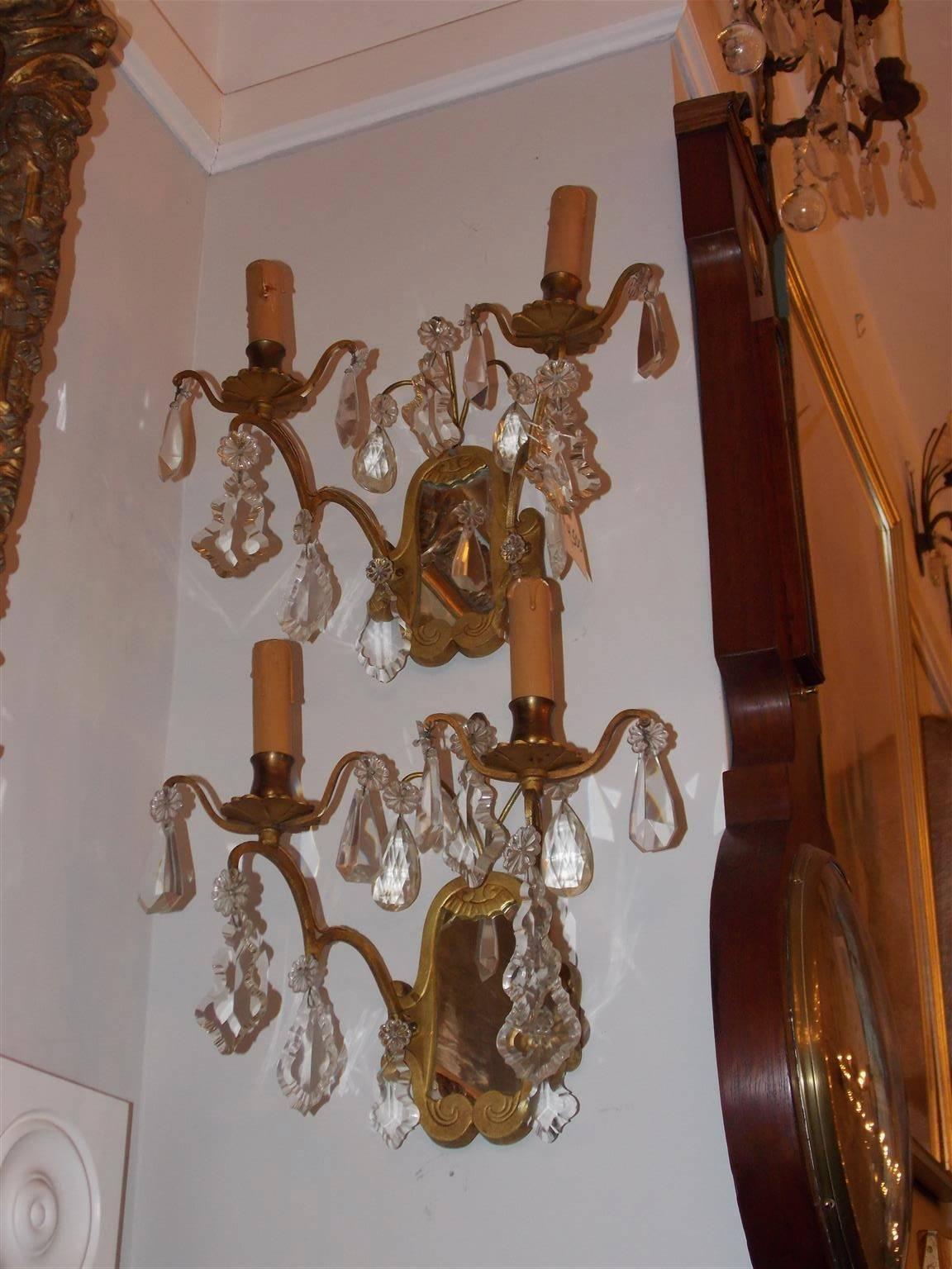 Louis Philippe Pair of French Gilt Bronze & Crystal Mirrored Wall Sconces, Circa 1870 For Sale