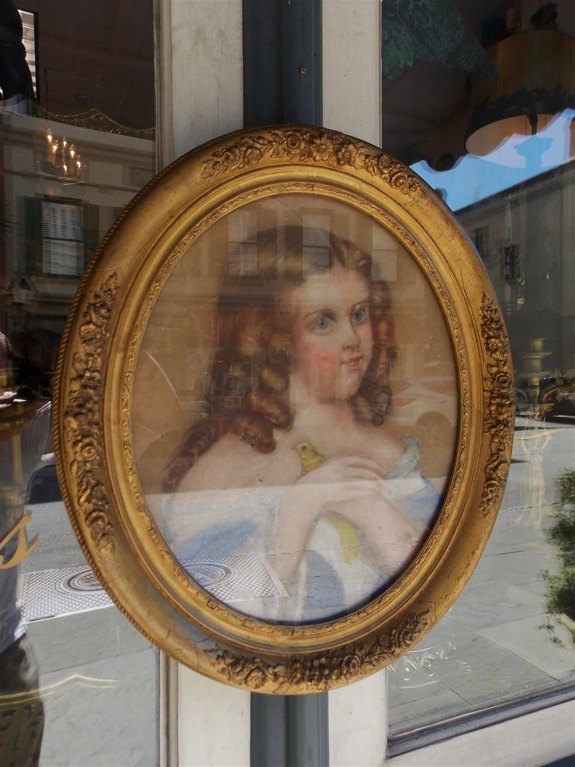 American pastel of young lady grasping dove in the original oval floral gilt frame presented under glass, Mid 19th Century. Original paper label on back.
Ursuline Convent, Valle Crucis, Columbia, SC.

During the Civil War Sherman’s generals were