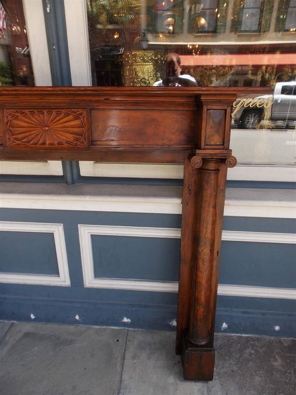 American Charleston Cypress and Heart Pine Mantel With Starburst Motif. Circa 1800