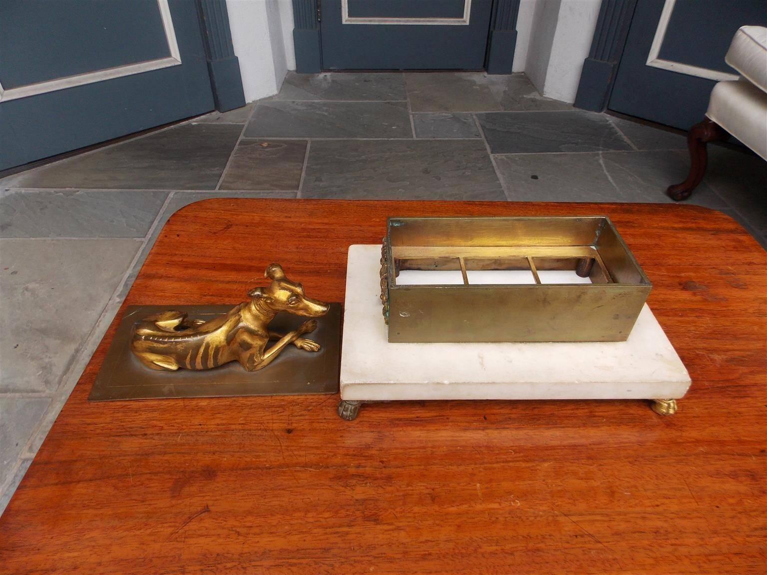 English Regency Bronze & Marble Ormolu Whippet Inkwell, Circa 1810 In Excellent Condition In Hollywood, SC