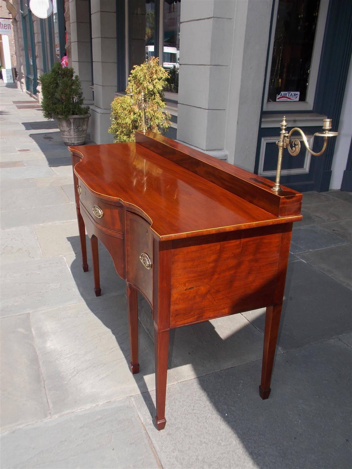 Brass American Mahogany Reverse Serpentine Inlaid Candelabra Sideboard, Circa 1790 For Sale