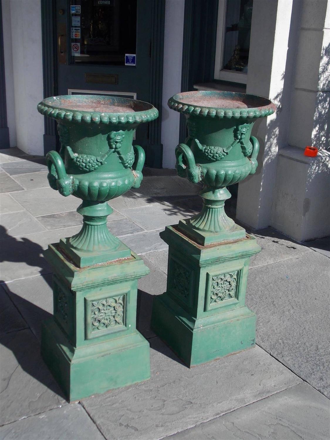 Pair of American Cast Iron Decorative Floral Campaign Garden Urns