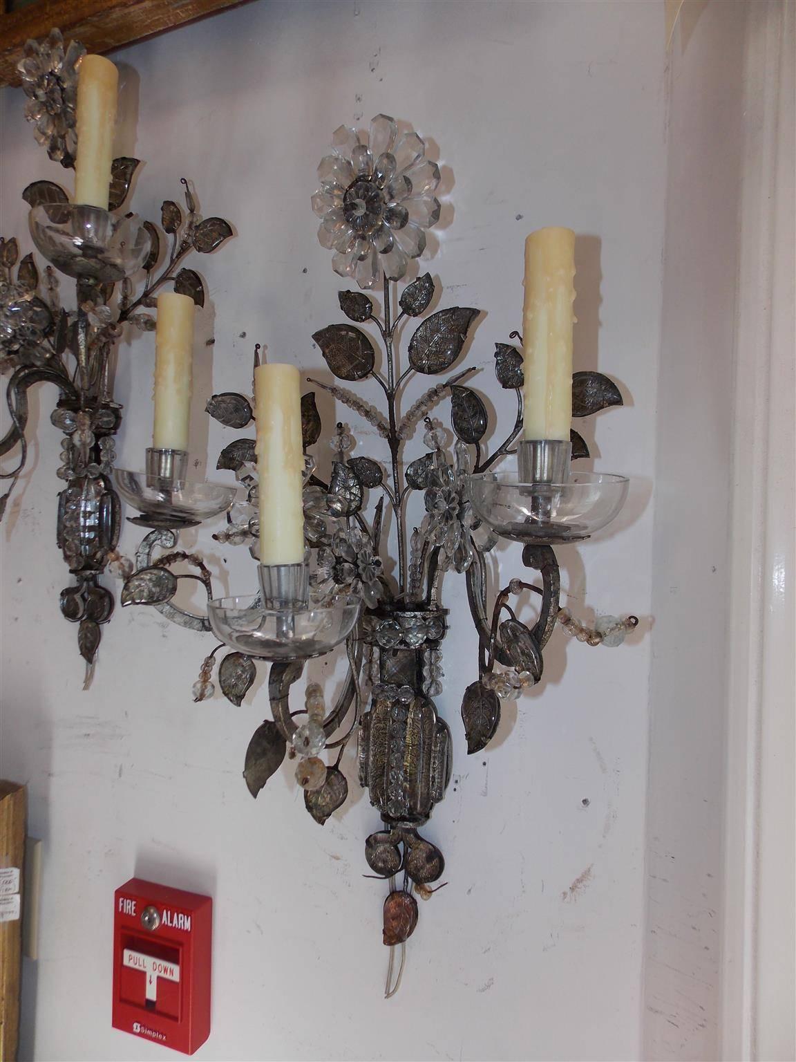 Bronze Pair of French Maison Baguès Style Crystal Floral Sconces, Circa 1880 For Sale