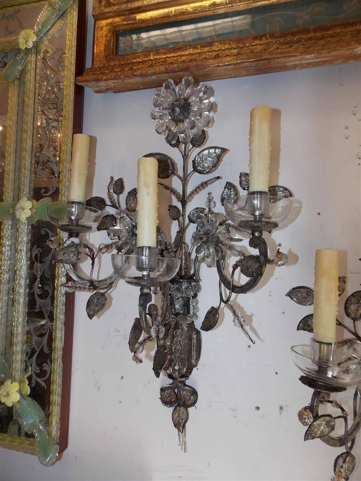 Pair of French Maison Baguès Style Crystal Floral Sconces, Circa 1880 In Excellent Condition For Sale In Hollywood, SC