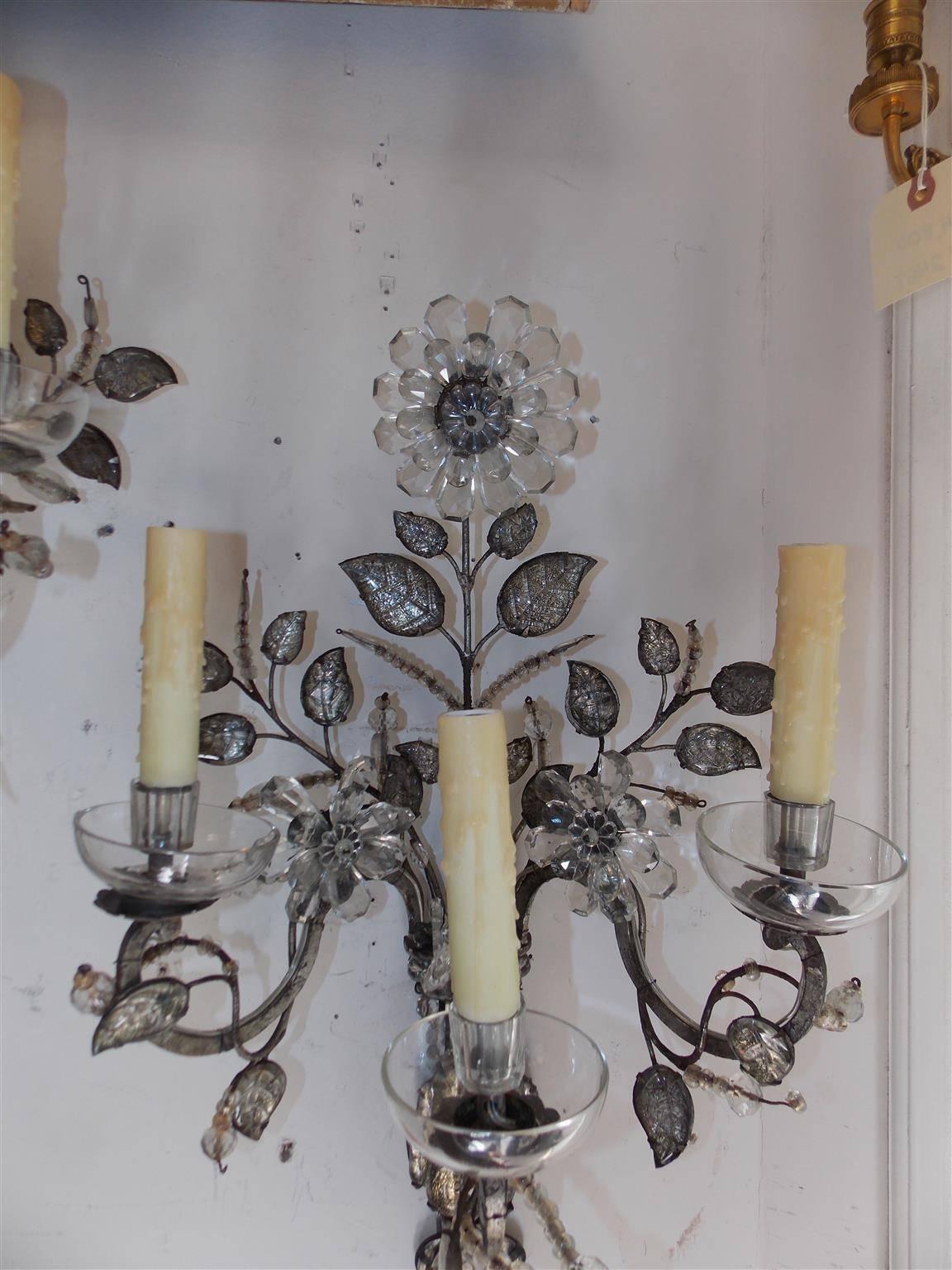 Pair of French Maison Baguès Style Crystal Floral Sconces, Circa 1880 For Sale 1