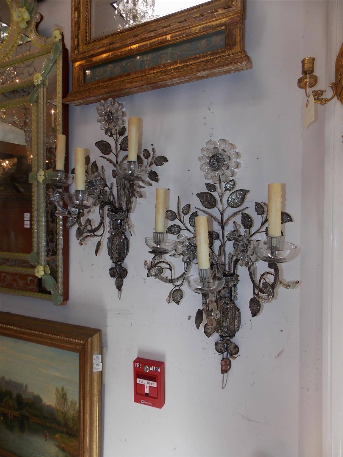 Louis Philippe Pair of French Maison Baguès Style Crystal Floral Sconces, Circa 1880 For Sale